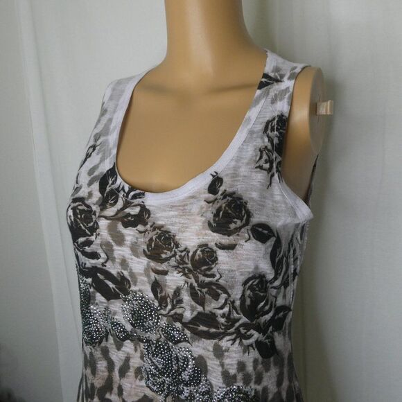 Cache Cheetah Print Floral Beaded Tank Top Scoop Neck Animal Sparkly Rhinestones - Picture 2 of 8